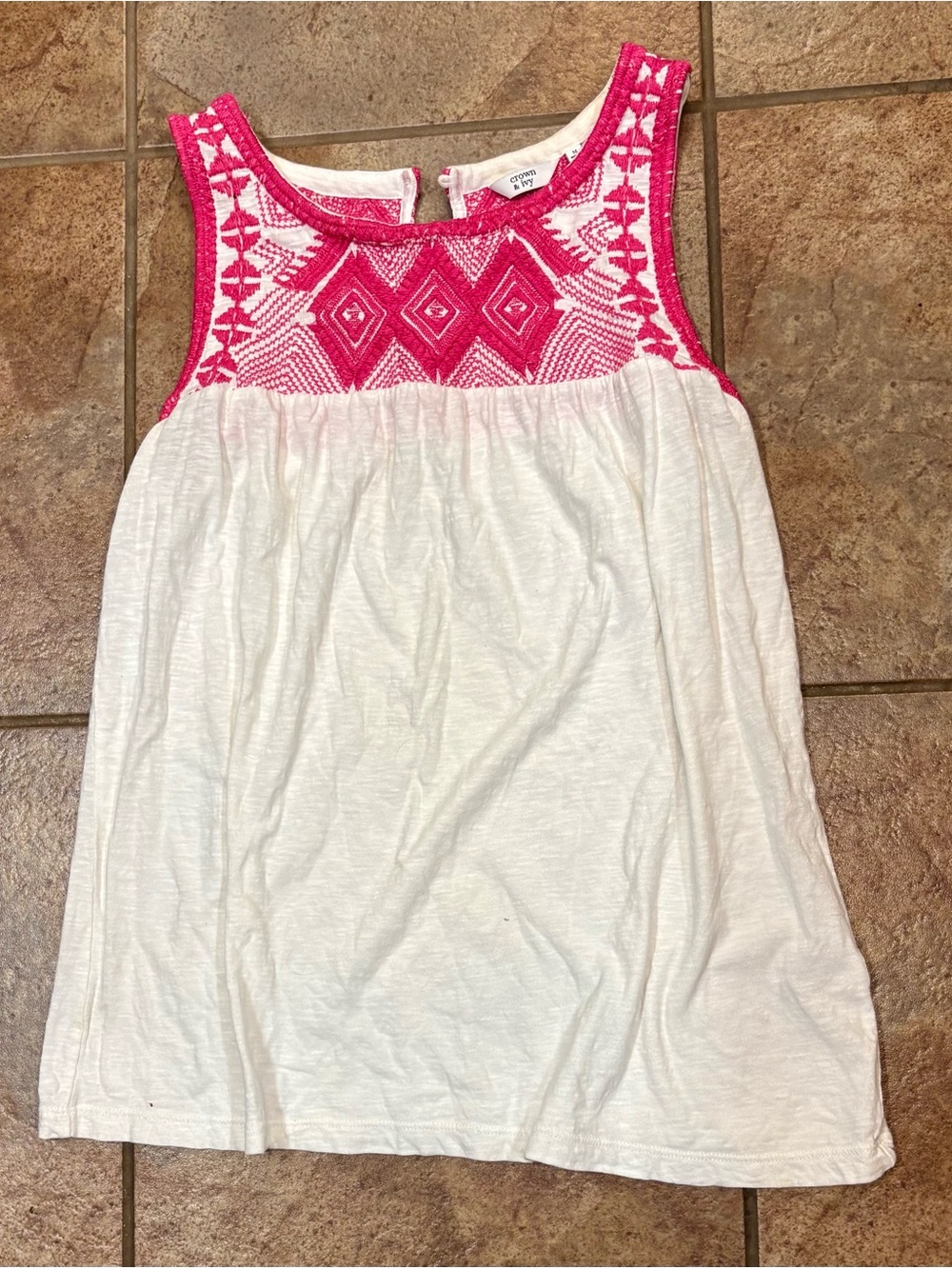 Crown & Ivy White Tank with Bright Pink Embroidered Yoke Front & Back-Medium